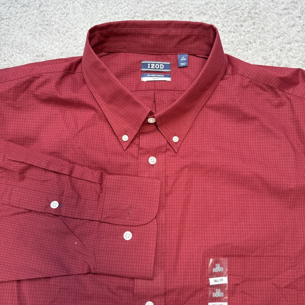 Izod Dress Shirt Mens 19 35/36 Tall L/S Velvet Maroon Stretch Button Down